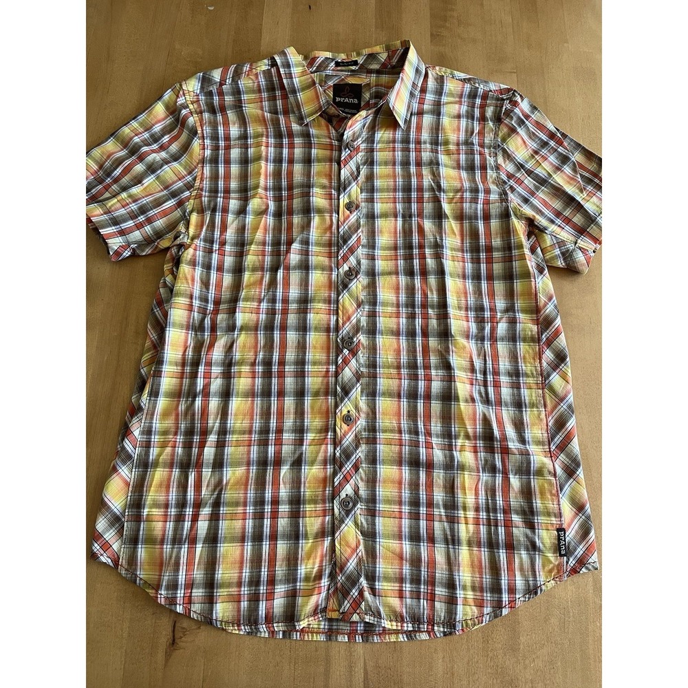 Prana Shirt Men's Sz XL Orange Yellow Plaid Short Sleeve Slim Fit Button Up
